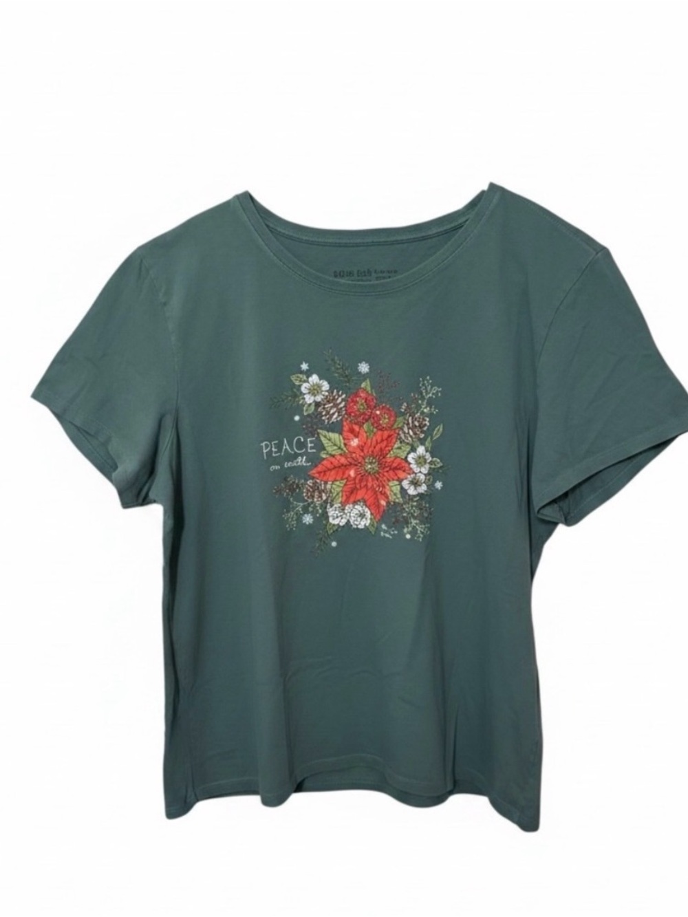 Life is Good Sage Green "peace on earth " poinsettia Christmas top size xxl
